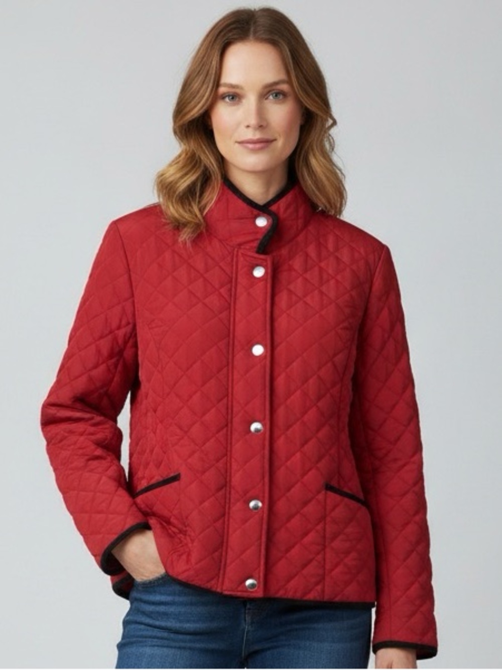 Quilted Red Women's Jacket with Velvet Trim